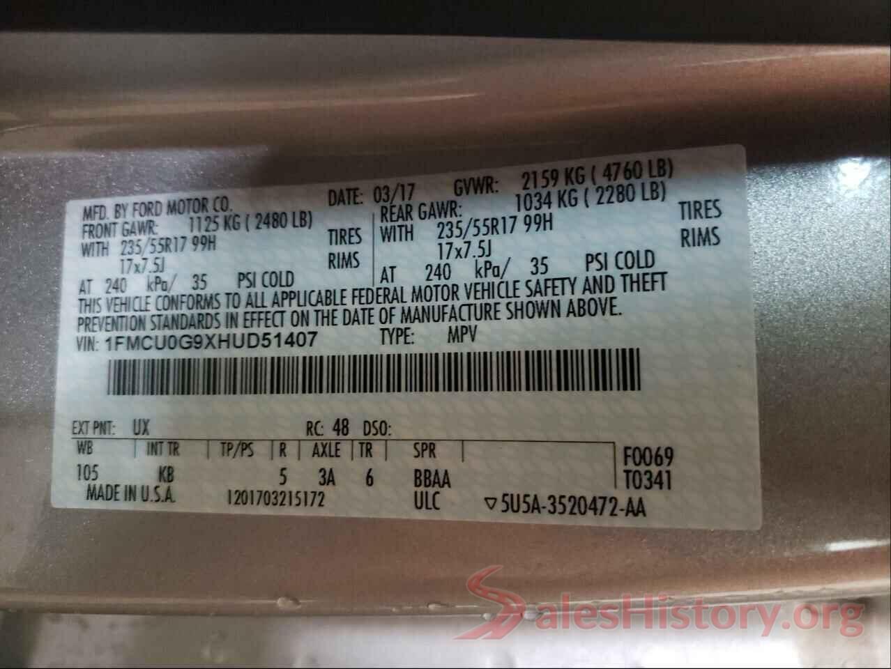 1FMCU0G9XHUD51407 2017 FORD ESCAPE