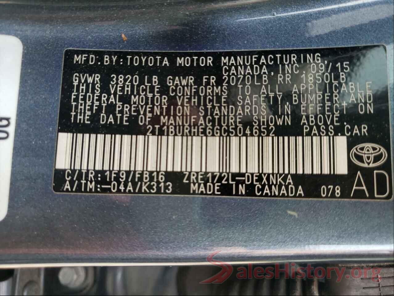 2T1BURHE6GC504652 2016 TOYOTA COROLLA