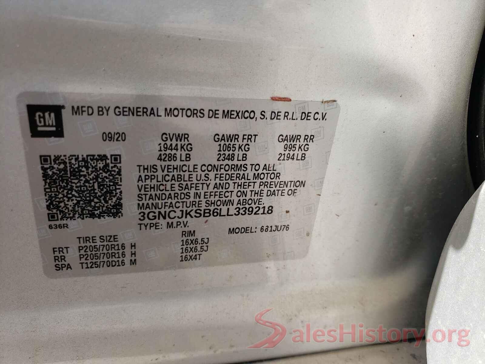 3GNCJKSB6LL339218 2020 CHEVROLET TRAX