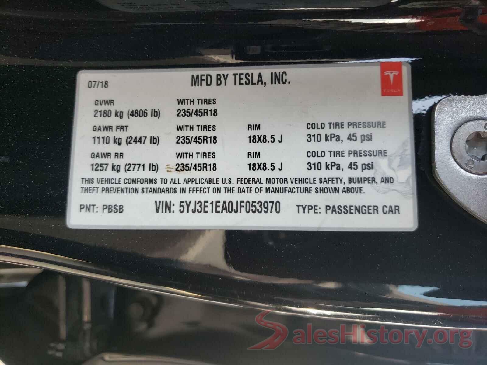 5YJ3E1EA0JF053970 2018 TESLA MODEL 3