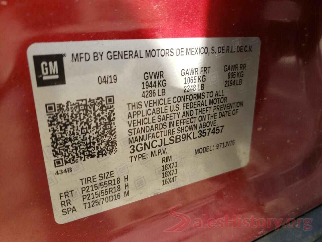 3GNCJLSB9KL357457 2019 CHEVROLET TRAX