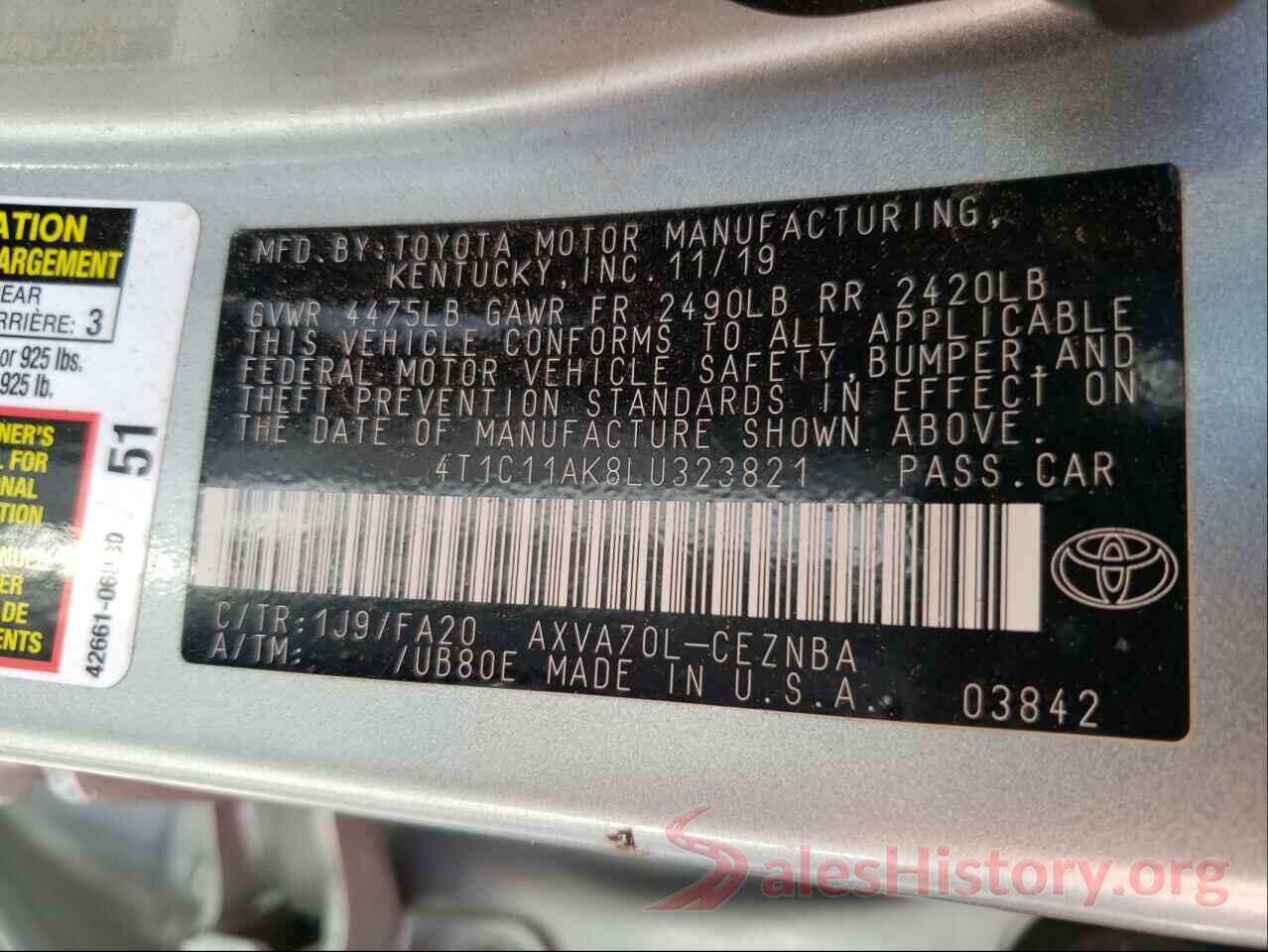 4T1C11AK8LU323821 2020 TOYOTA CAMRY