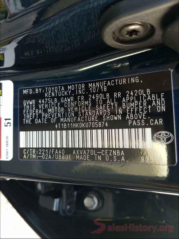 4T1B11HK0KU705874 2019 TOYOTA CAMRY