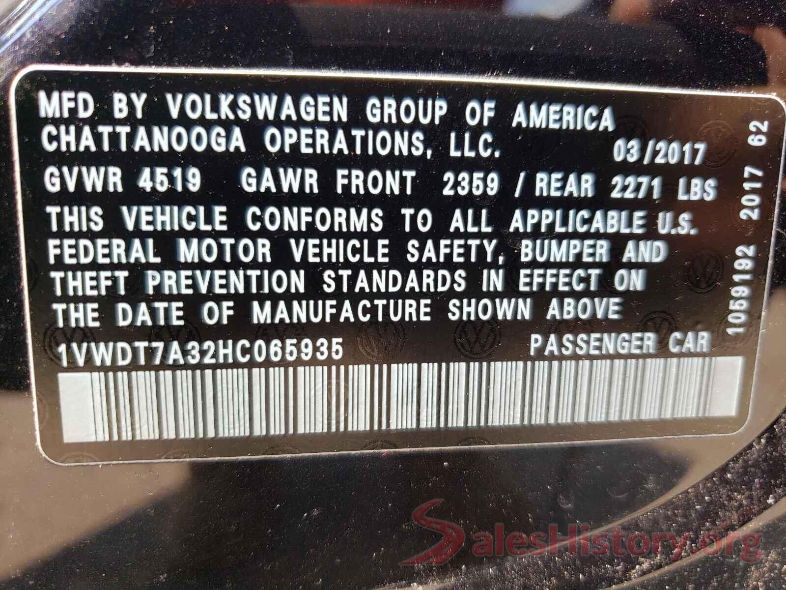 1VWDT7A32HC065935 2017 VOLKSWAGEN PASSAT