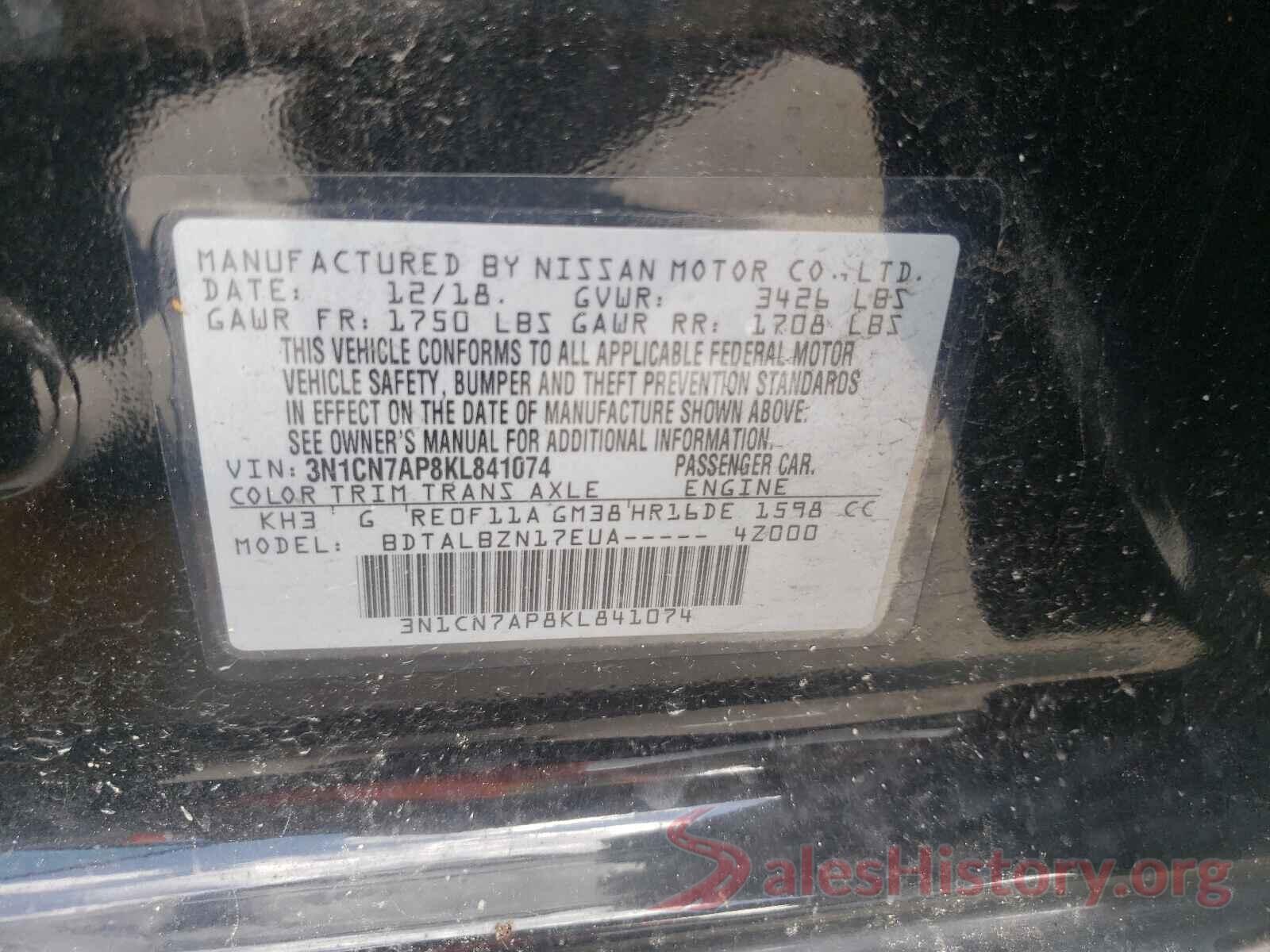 3N1CN7AP8KL841074 2019 NISSAN VERSA