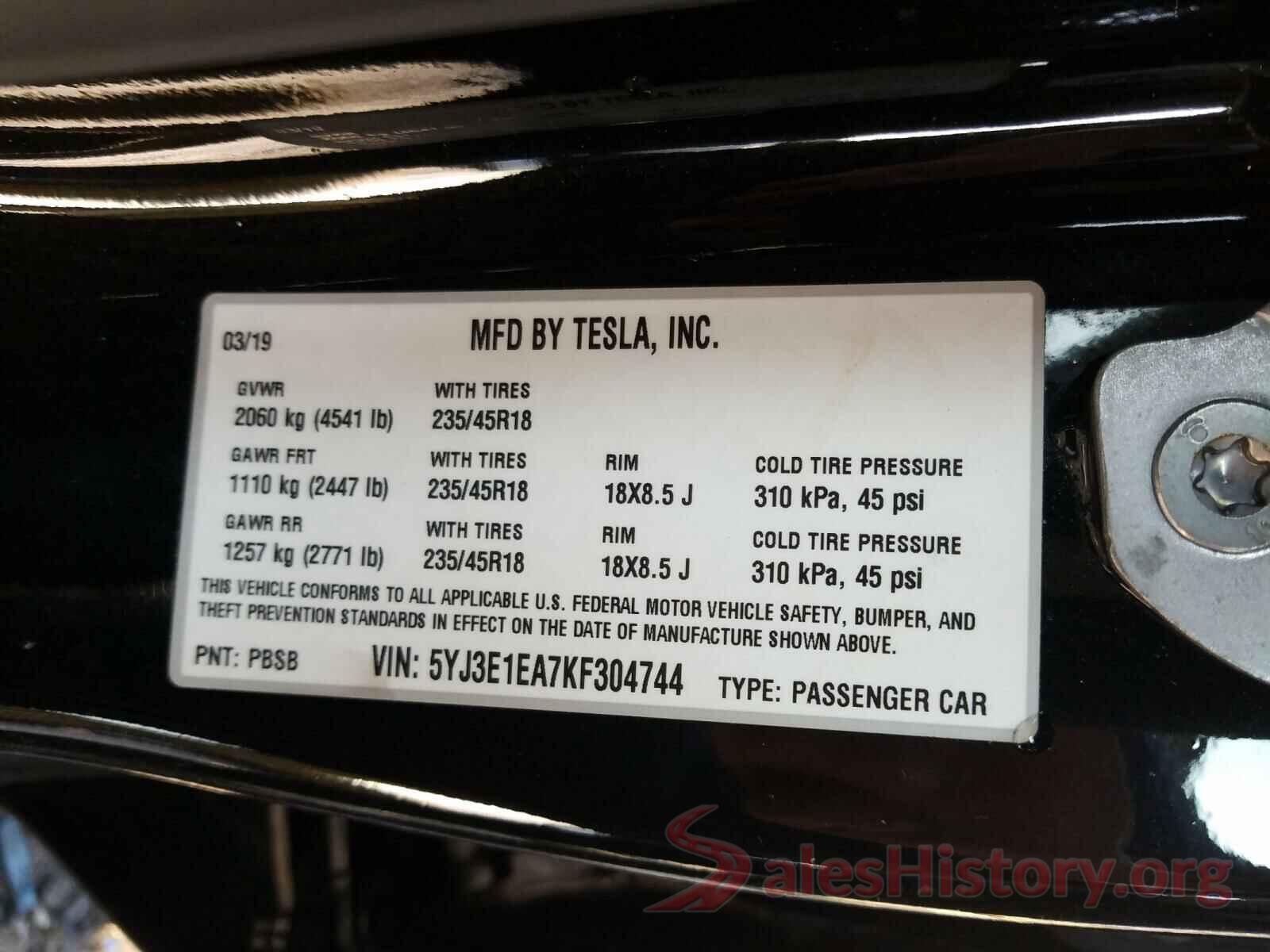 5YJ3E1EA7KF304744 2019 TESLA MODEL 3