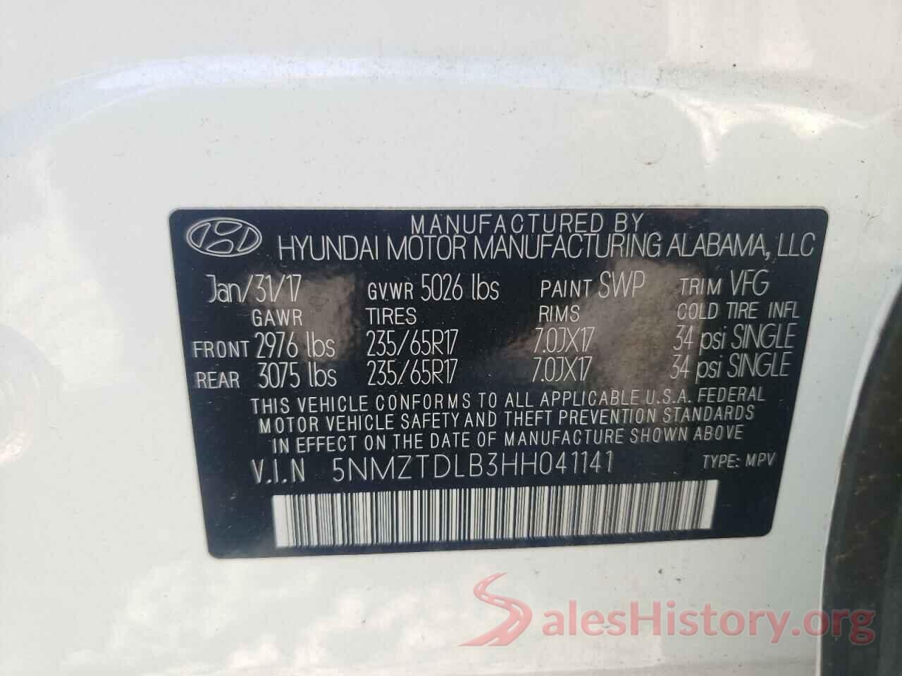 5NMZTDLB3HH041141 2017 HYUNDAI SANTA FE