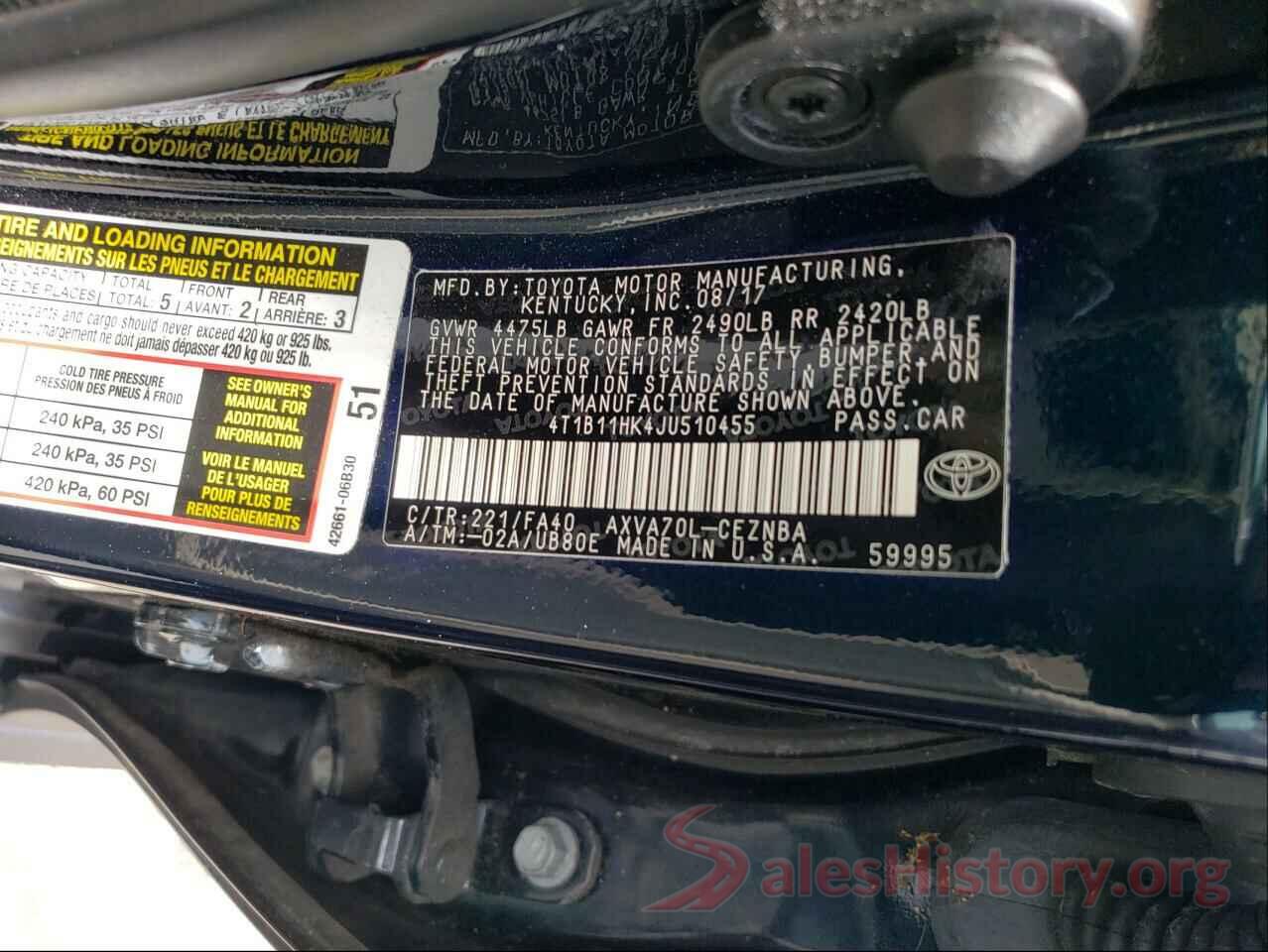 4T1B11HK4JU510455 2018 TOYOTA CAMRY