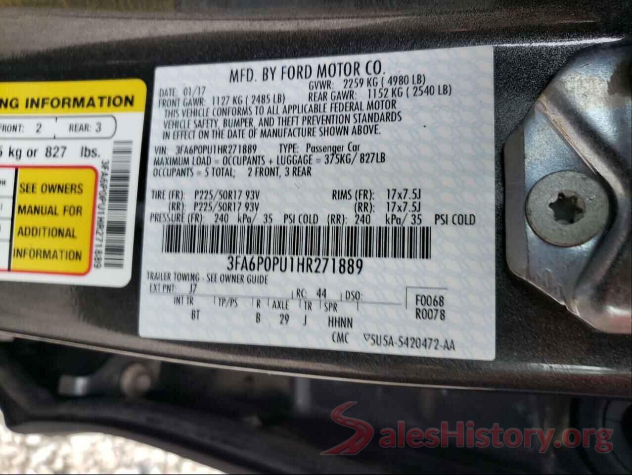 3FA6P0PU1HR271889 2017 FORD FUSION