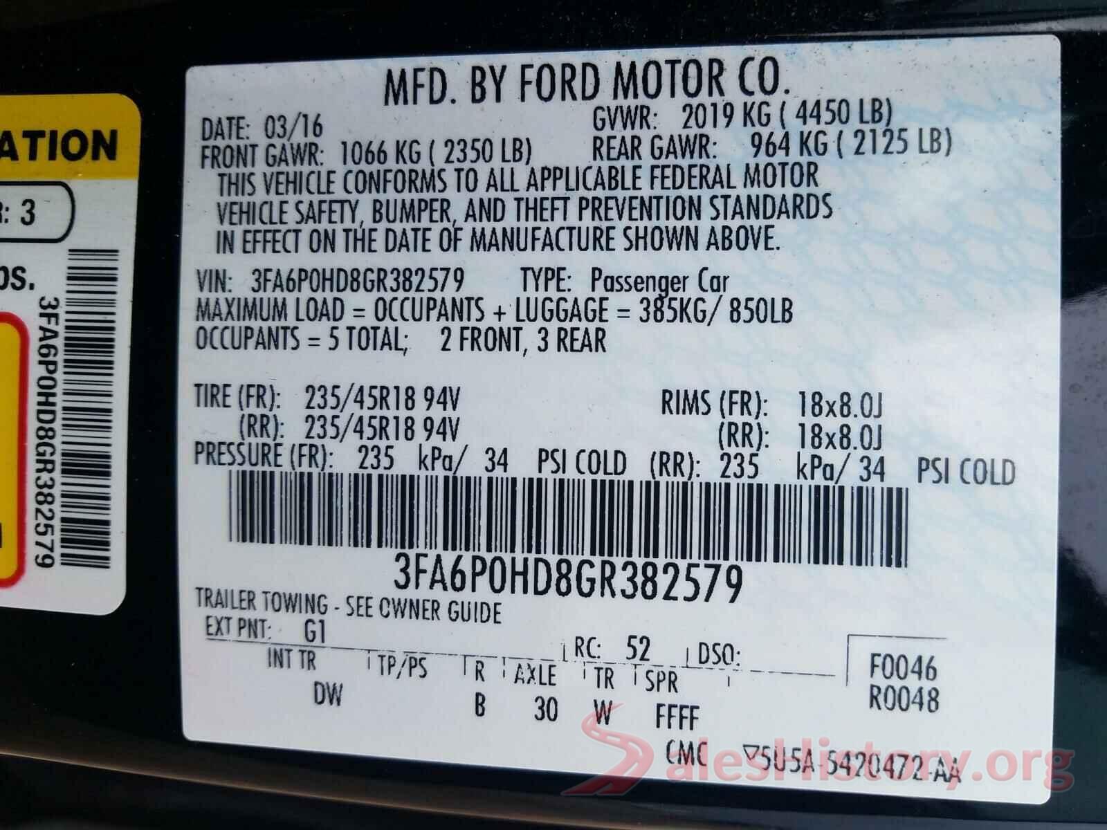 3FA6P0HD8GR382579 2016 FORD FUSION