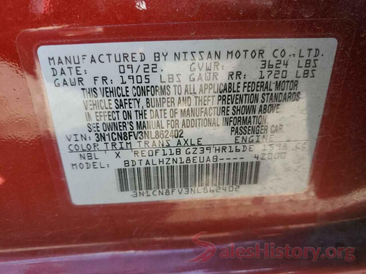 3N1CN8FV3NL862402 2022 NISSAN VERSA