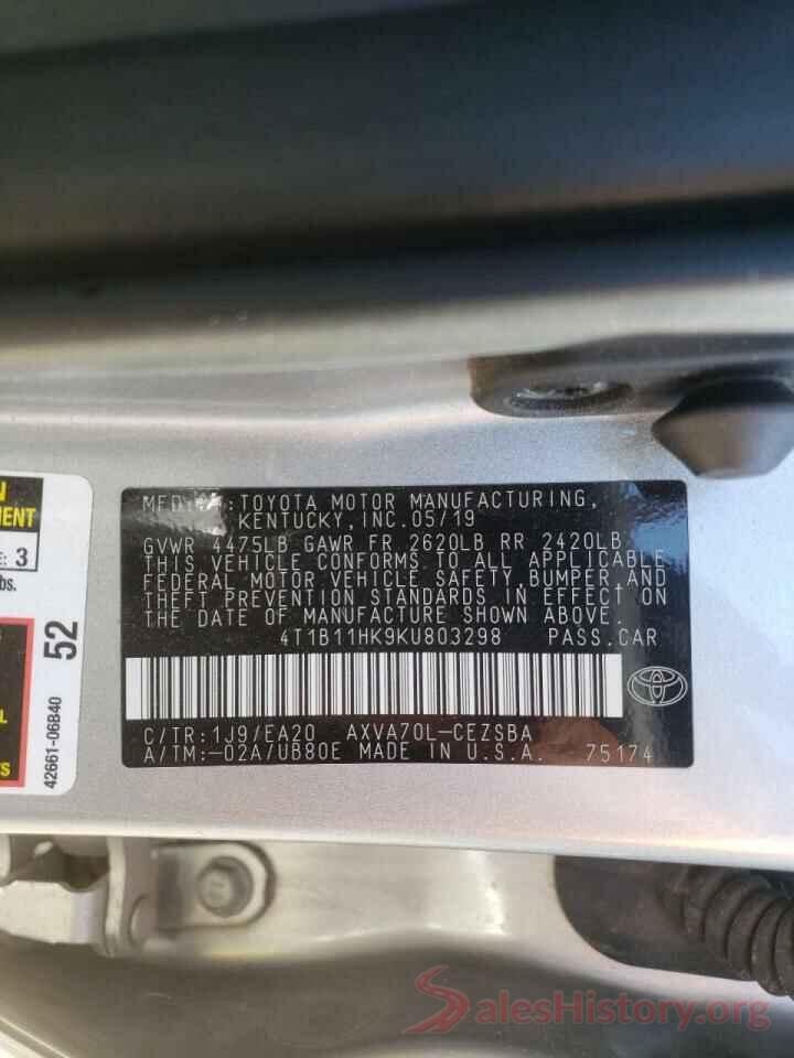 4T1B11HK9KU803298 2019 TOYOTA CAMRY