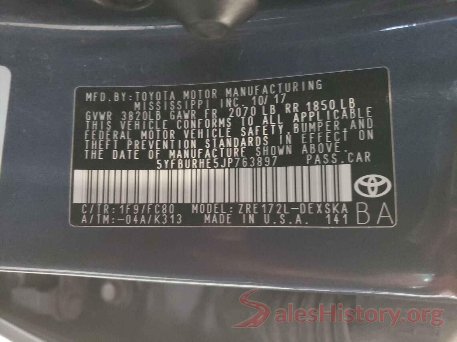 5YFBURHE5JP763897 2018 TOYOTA COROLLA