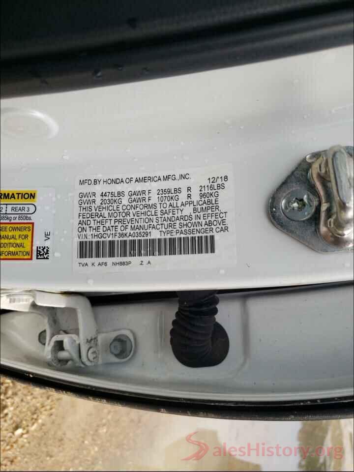 1HGCV1F36KA035291 2019 HONDA ACCORD