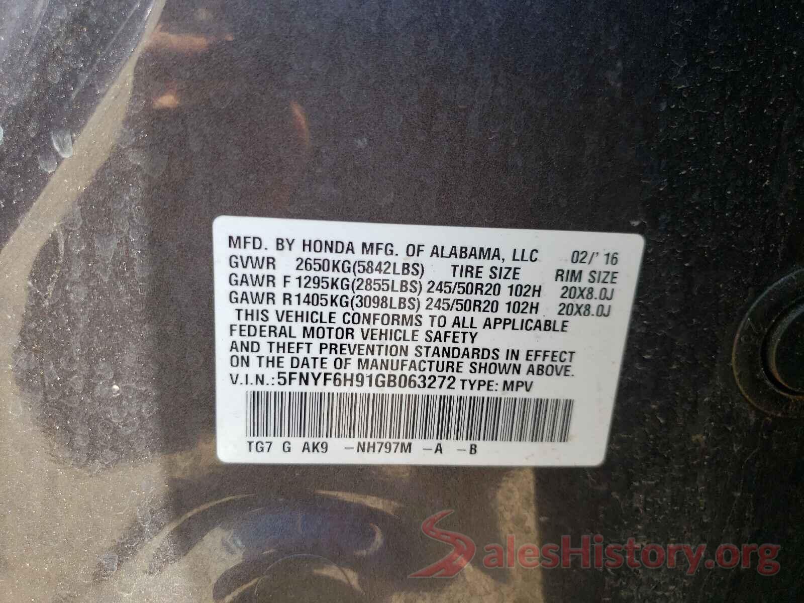 5FNYF6H91GB063272 2016 HONDA PILOT