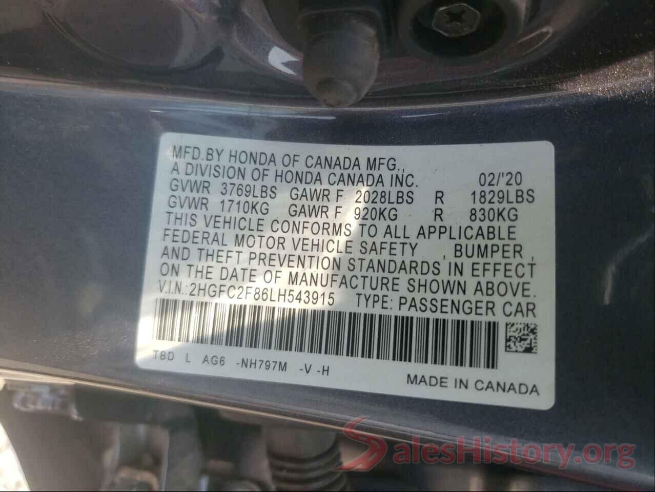 2HGFC2F86LH543915 2020 HONDA CIVIC