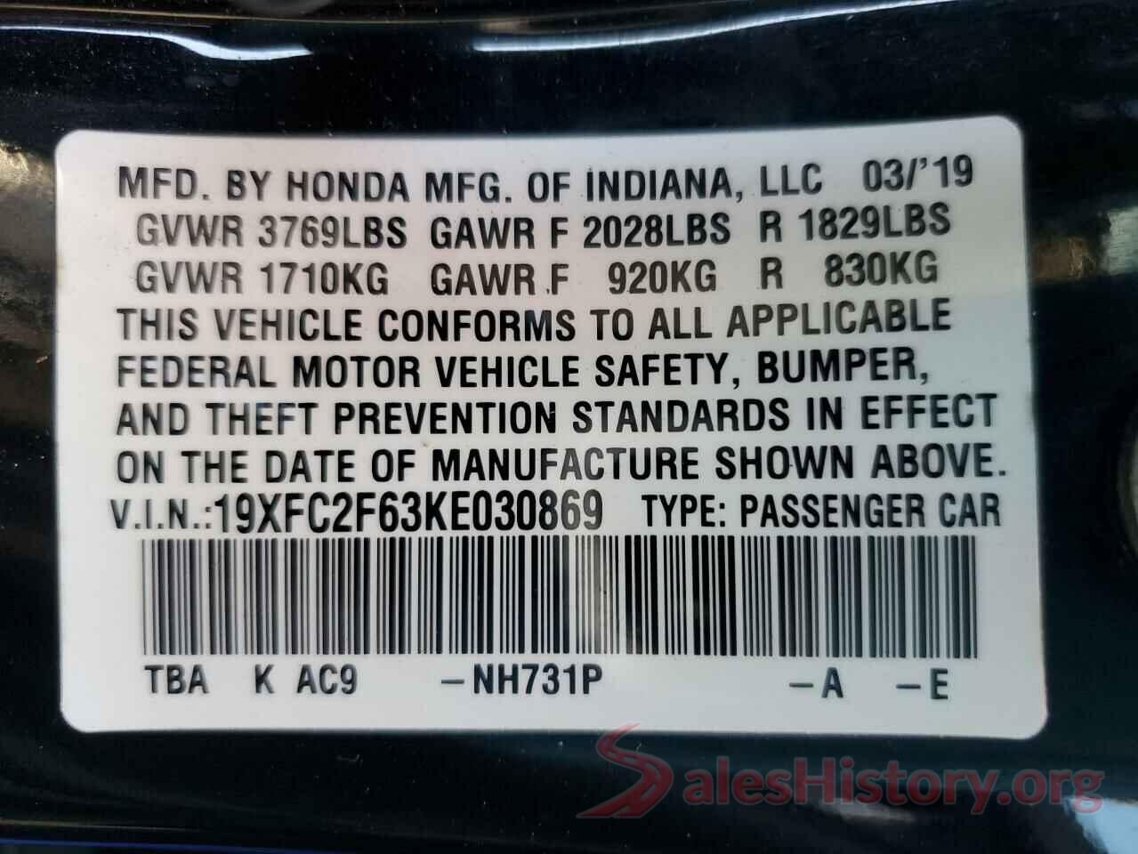 19XFC2F63KE030869 2019 HONDA CIVIC