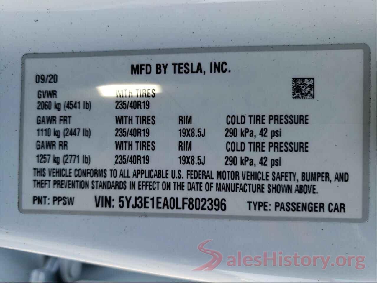 5YJ3E1EA0LF802396 2020 TESLA MODEL 3