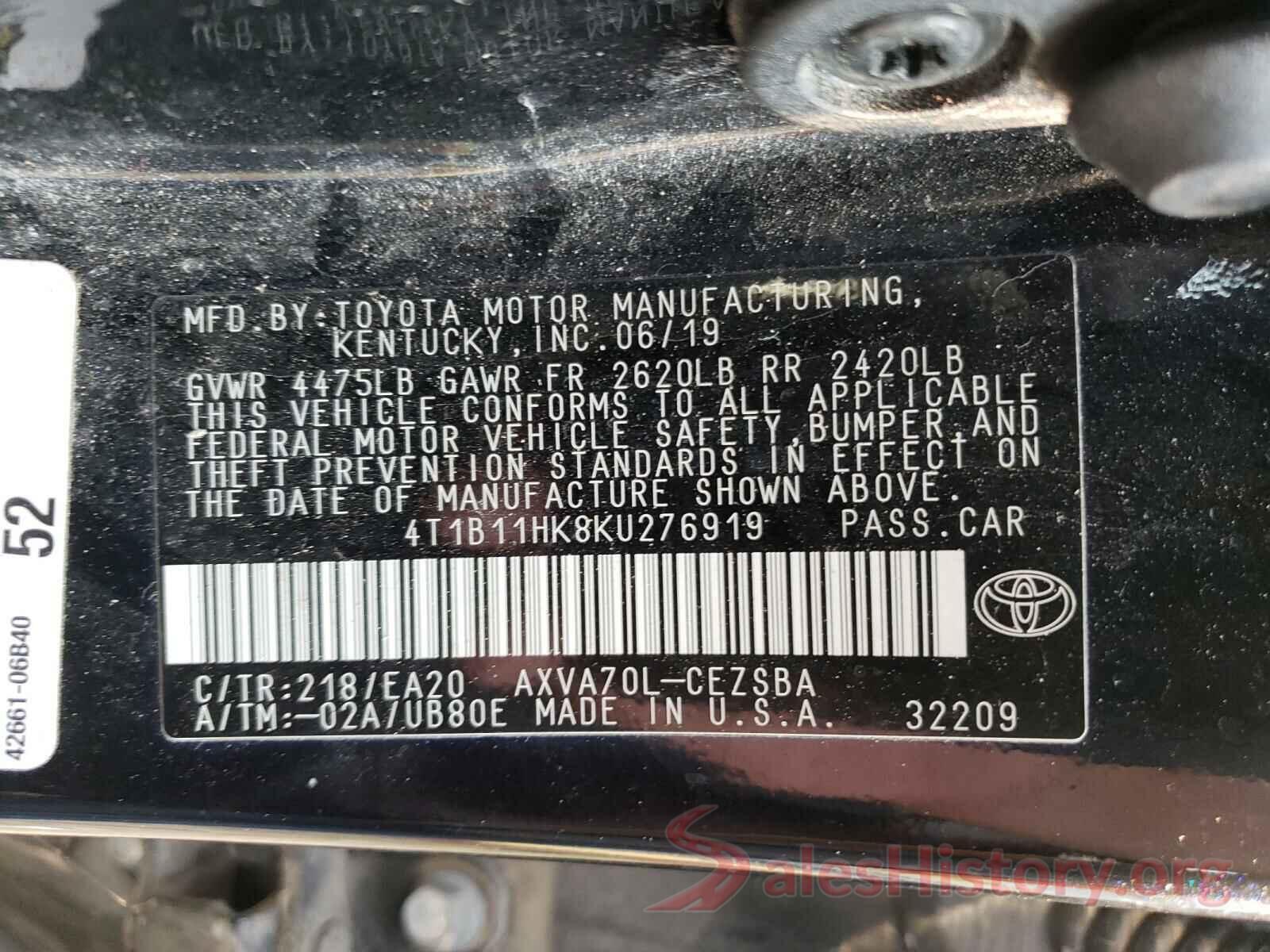 4T1B11HK8KU276919 2019 TOYOTA CAMRY