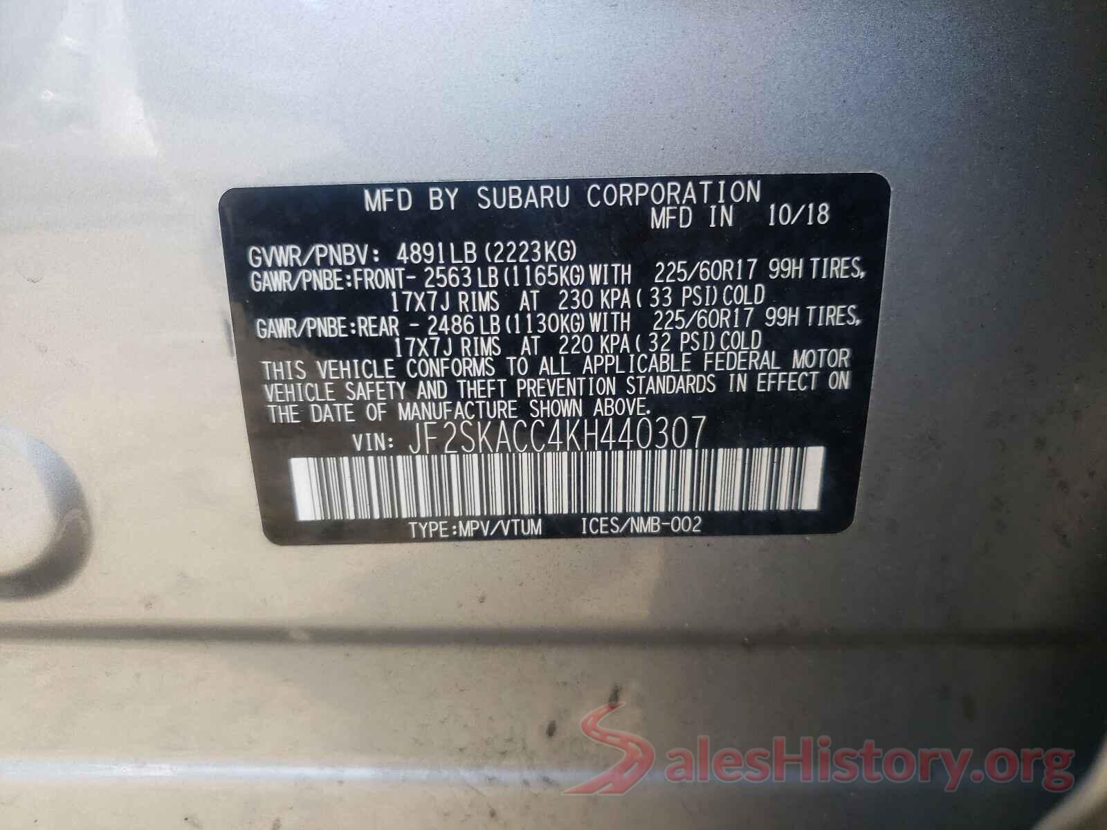 JF2SKACC4KH440307 2019 SUBARU FORESTER