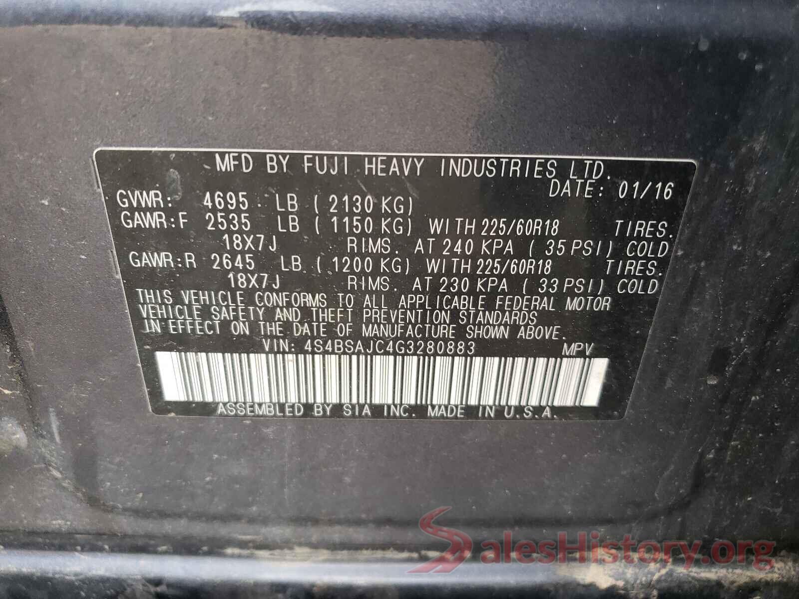 4S4BSAJC4G3280883 2016 SUBARU OUTBACK