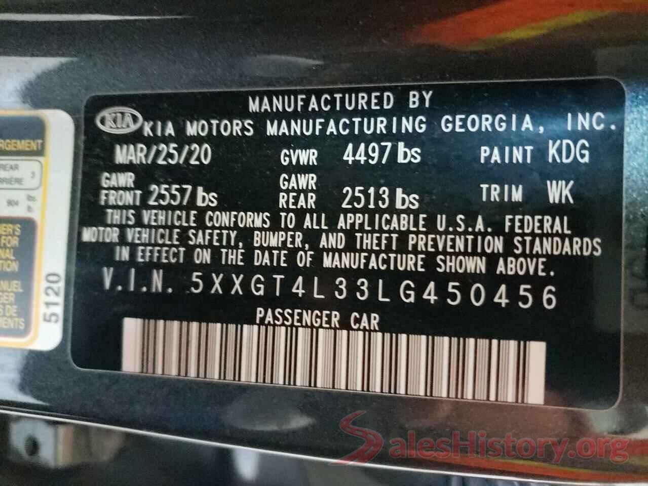 5XXGT4L33LG450456 2020 KIA OPTIMA