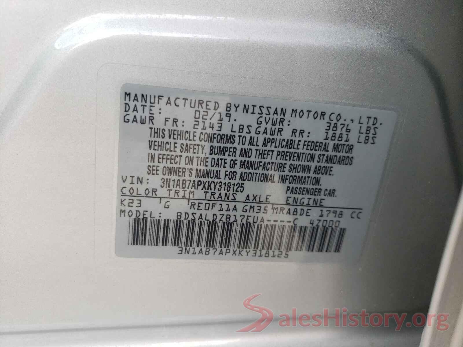 3N1AB7APXKY318125 2019 NISSAN SENTRA