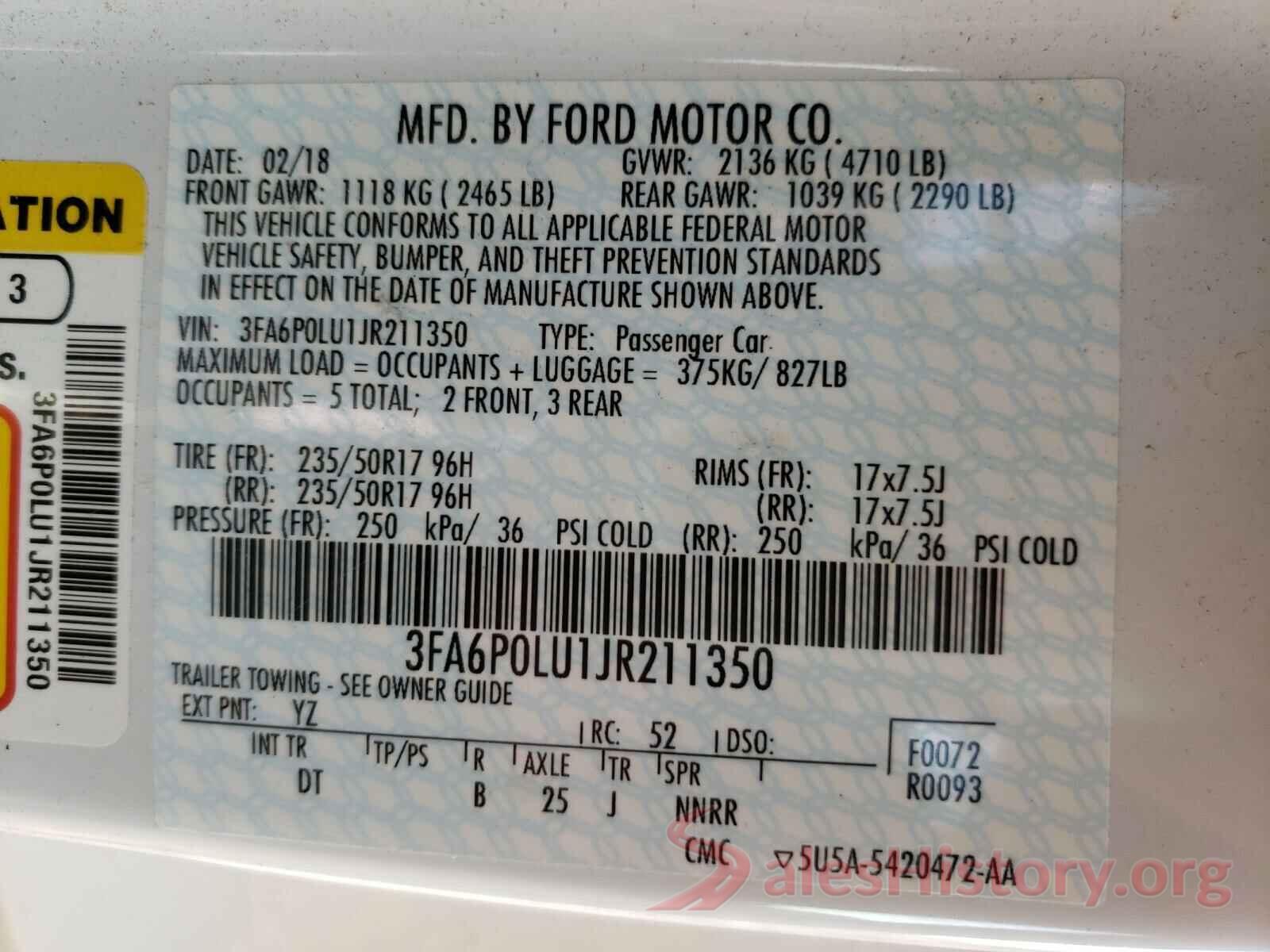 3FA6P0LU1JR211350 2018 FORD FUSION