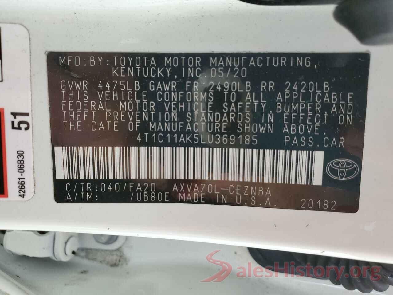 4T1C11AK5LU369185 2020 TOYOTA CAMRY