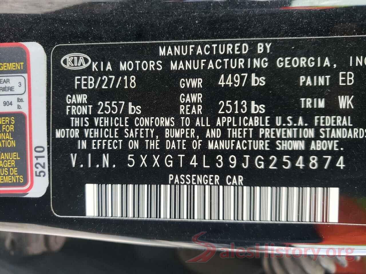 5XXGT4L39JG254874 2018 KIA OPTIMA