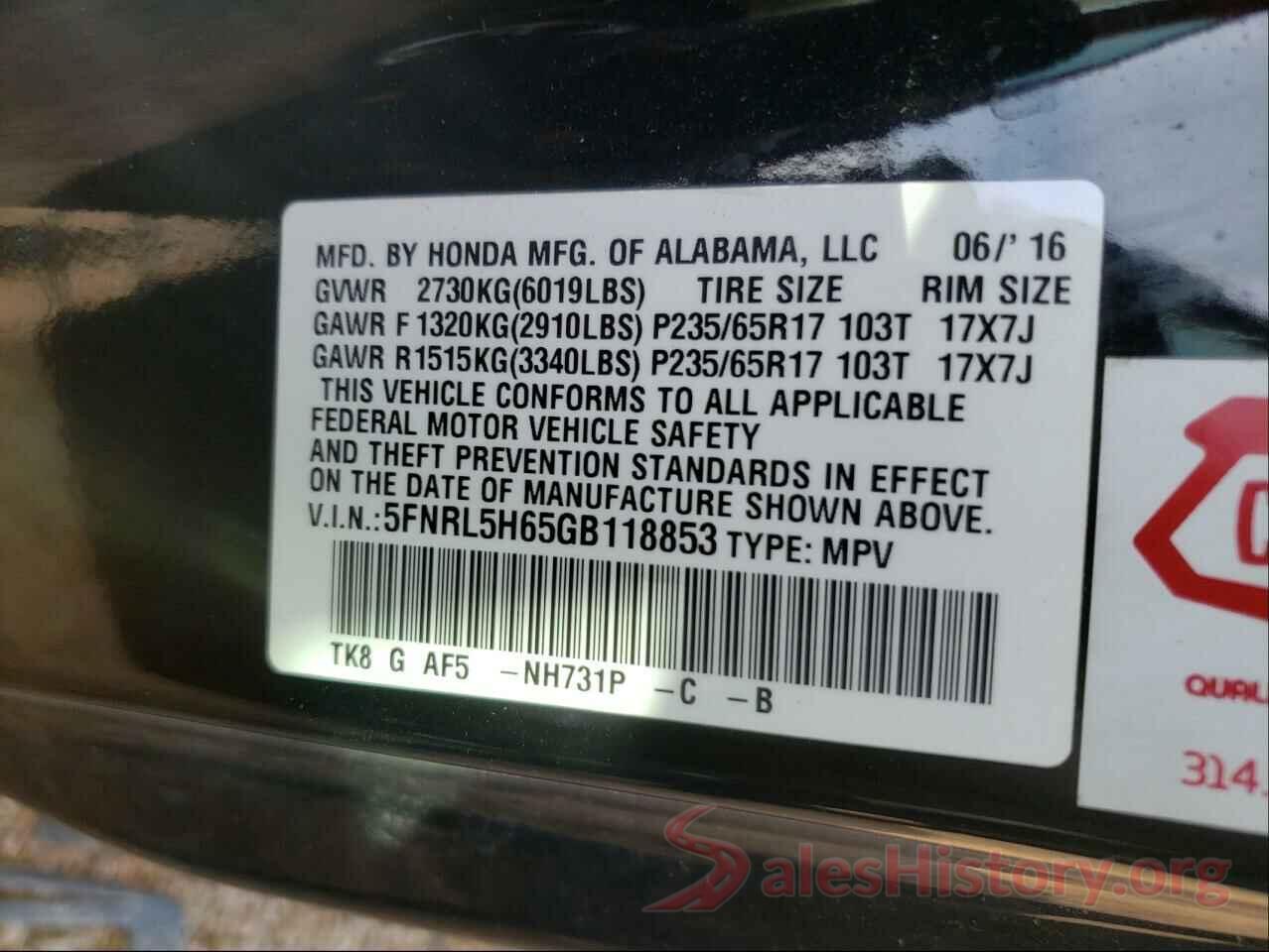 5FNRL5H65GB118853 2016 HONDA ODYSSEY