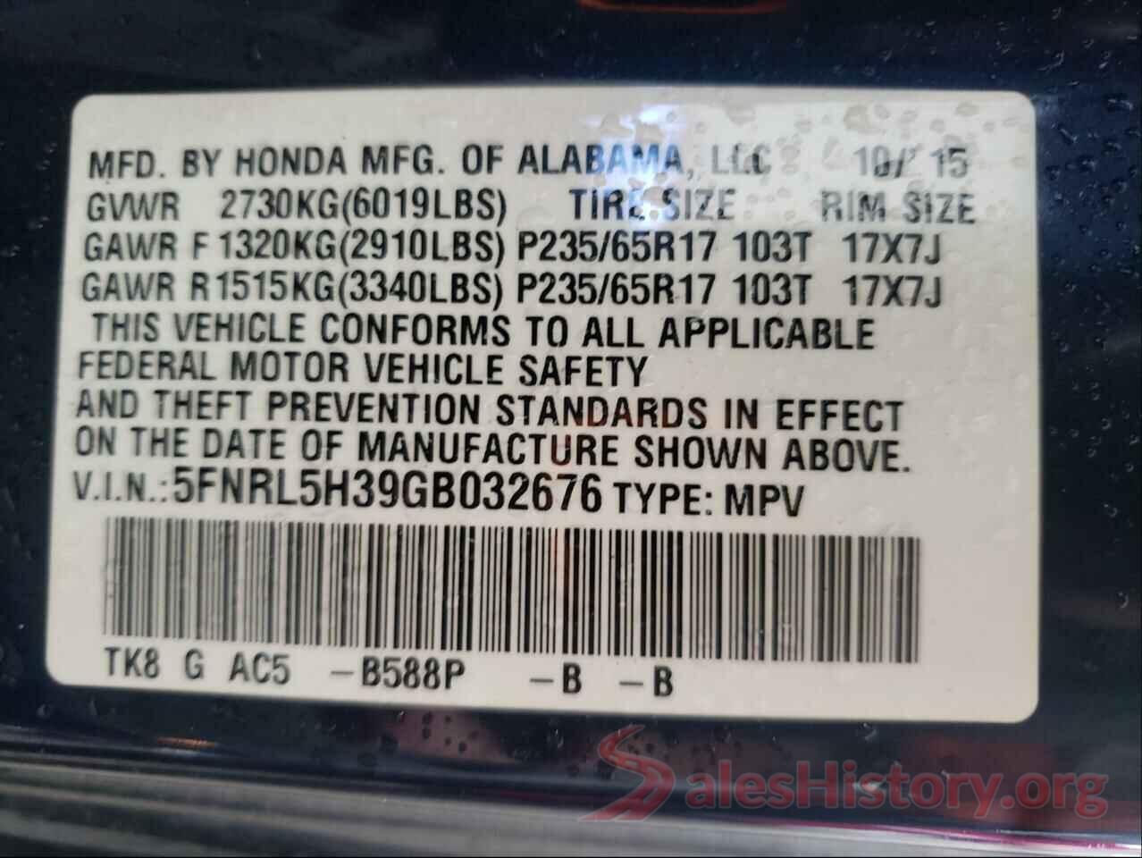 5FNRL5H39GB032676 2016 HONDA ODYSSEY