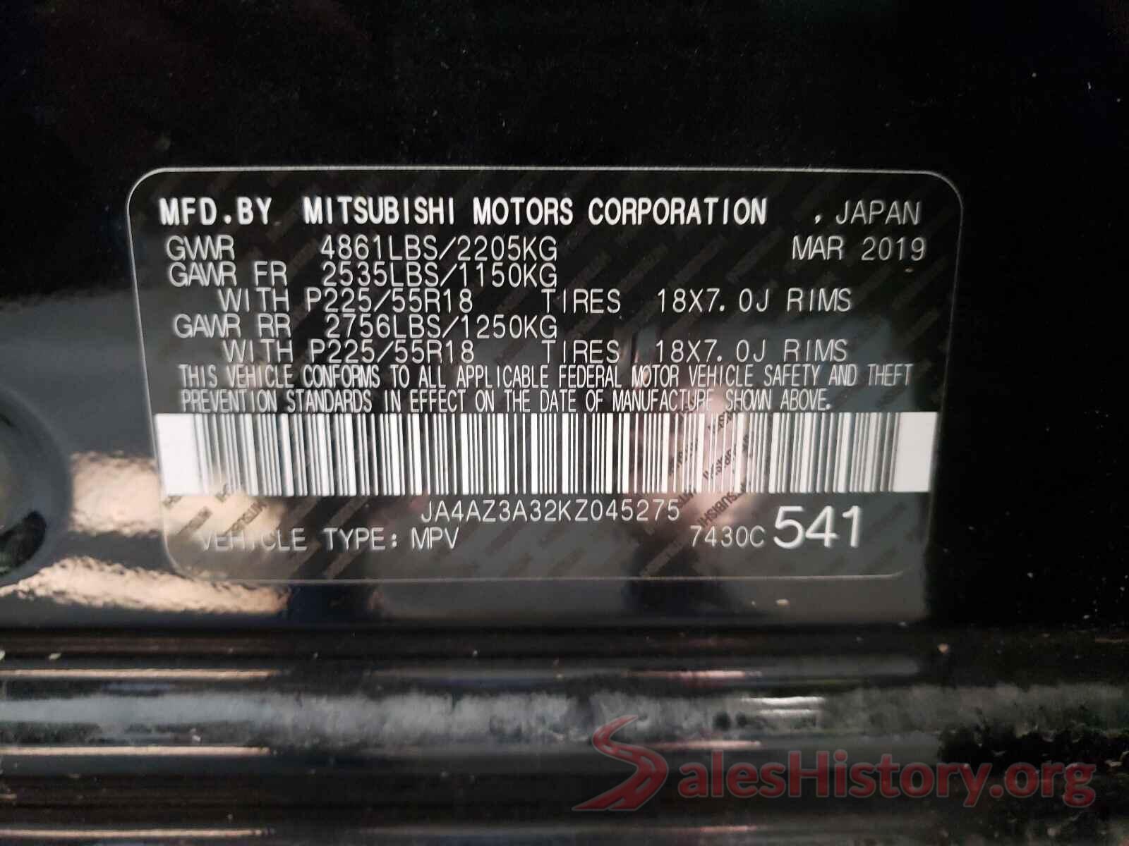 JA4AZ3A32KZ045275 2019 MITSUBISHI OUTLANDER