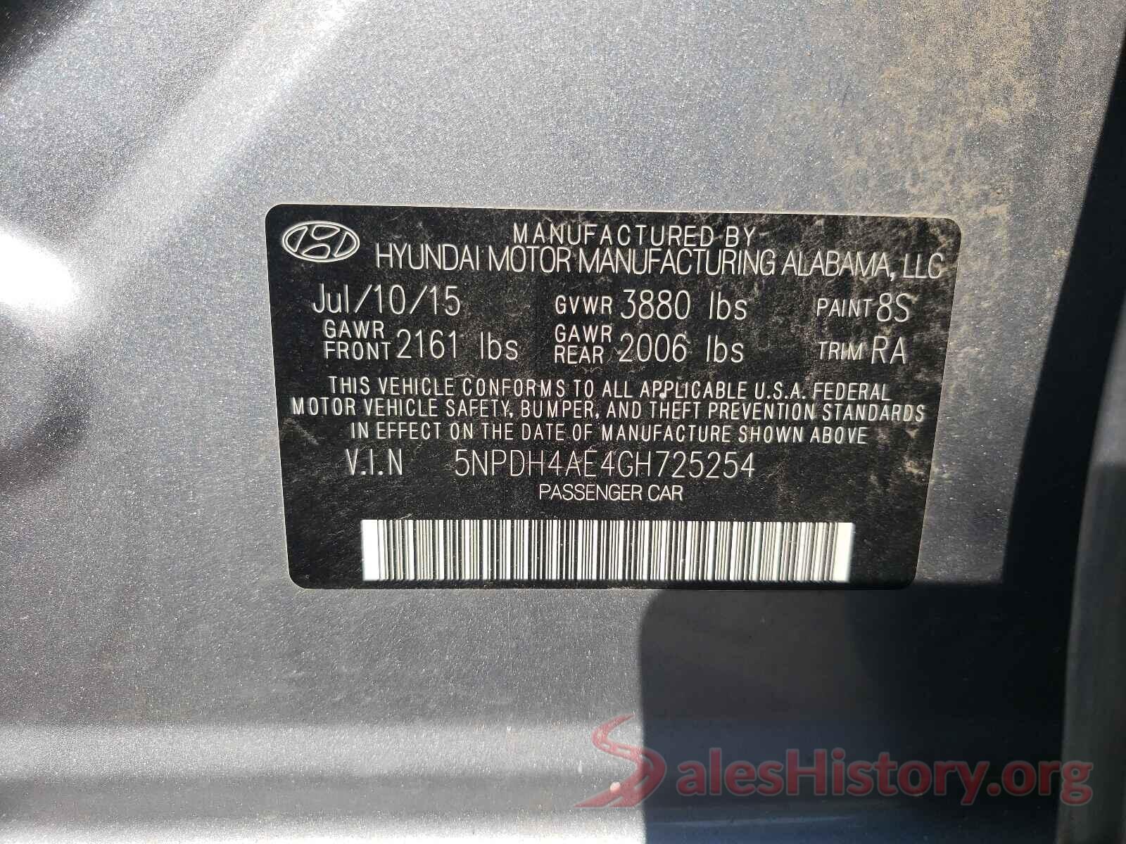 5NPDH4AE4GH725254 2016 HYUNDAI ELANTRA