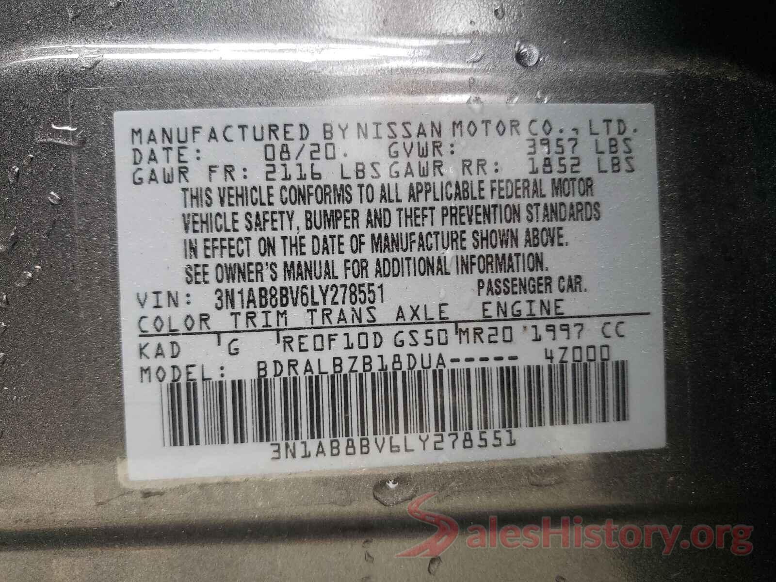 3N1AB8BV6LY278551 2020 NISSAN SENTRA