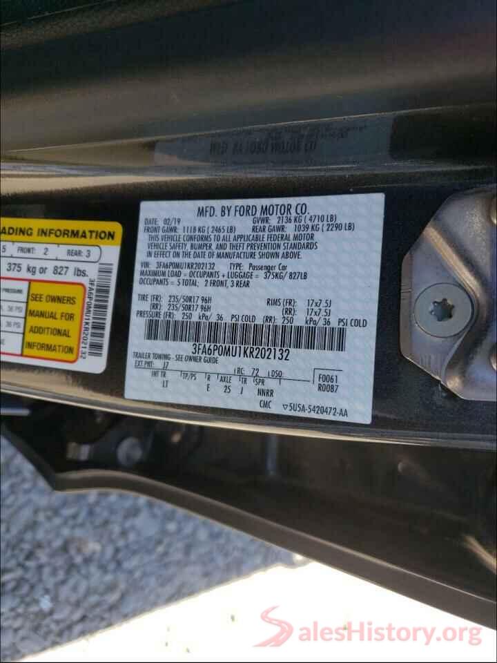 3FA6P0MU1KR202132 2019 FORD FUSION