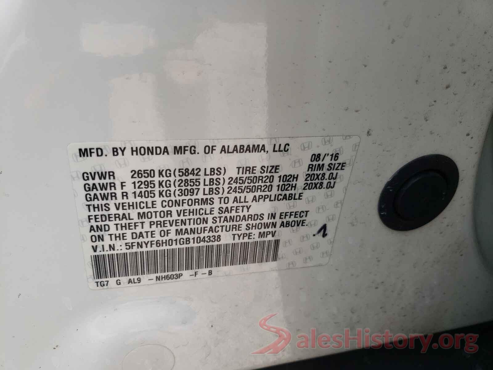 5FNYF6H01GB104338 2016 HONDA PILOT