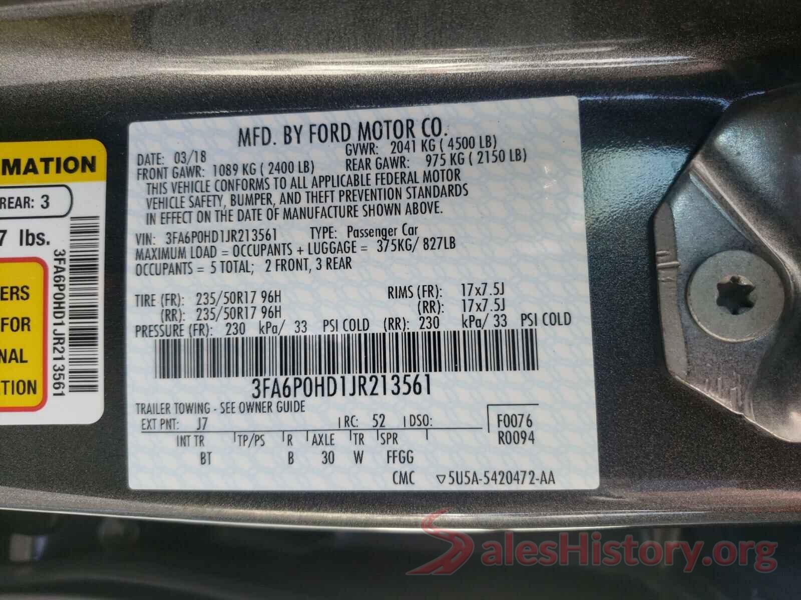 3FA6P0HD1JR213561 2018 FORD FUSION