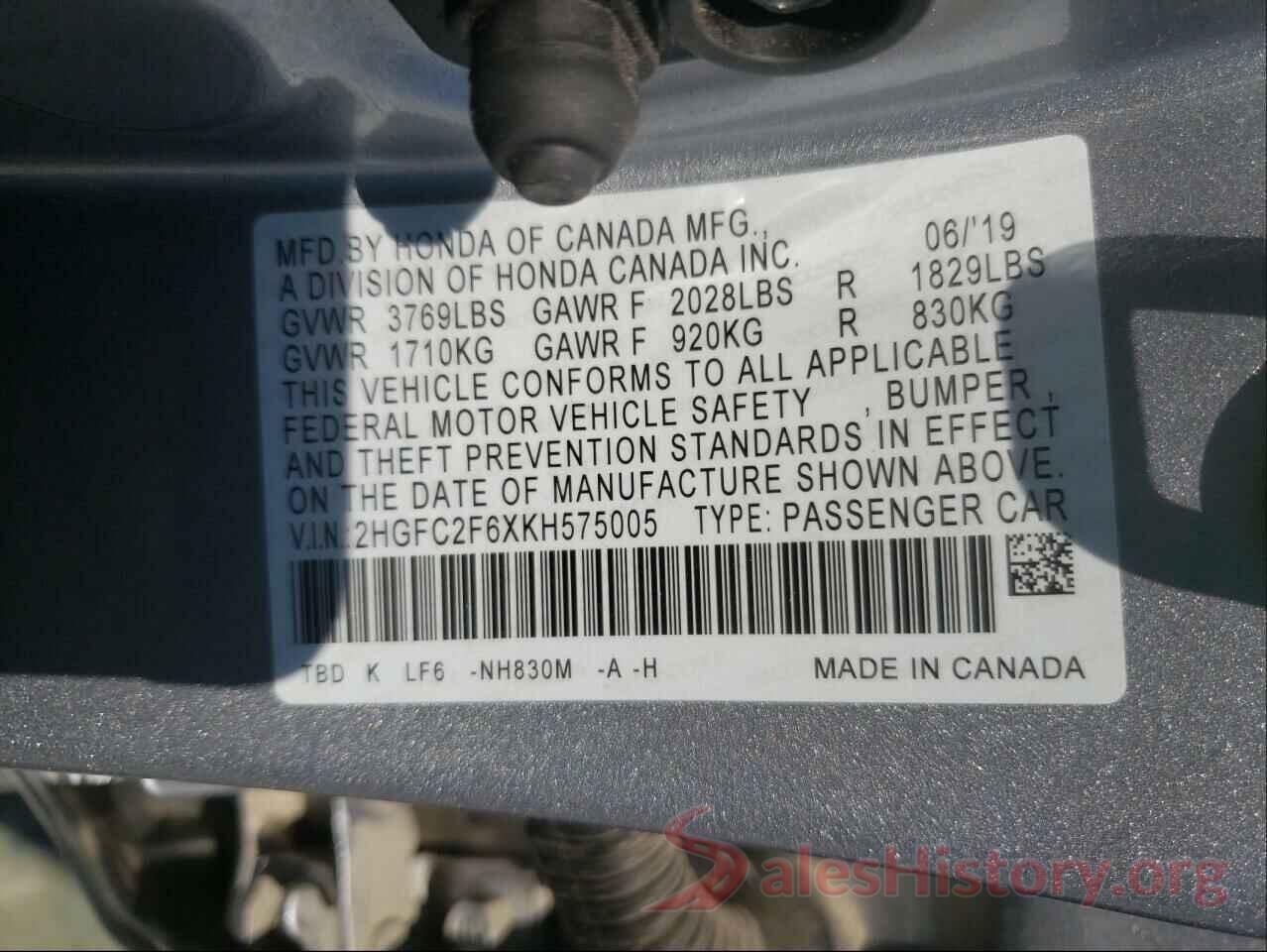 2HGFC2F6XKH575005 2019 HONDA CIVIC