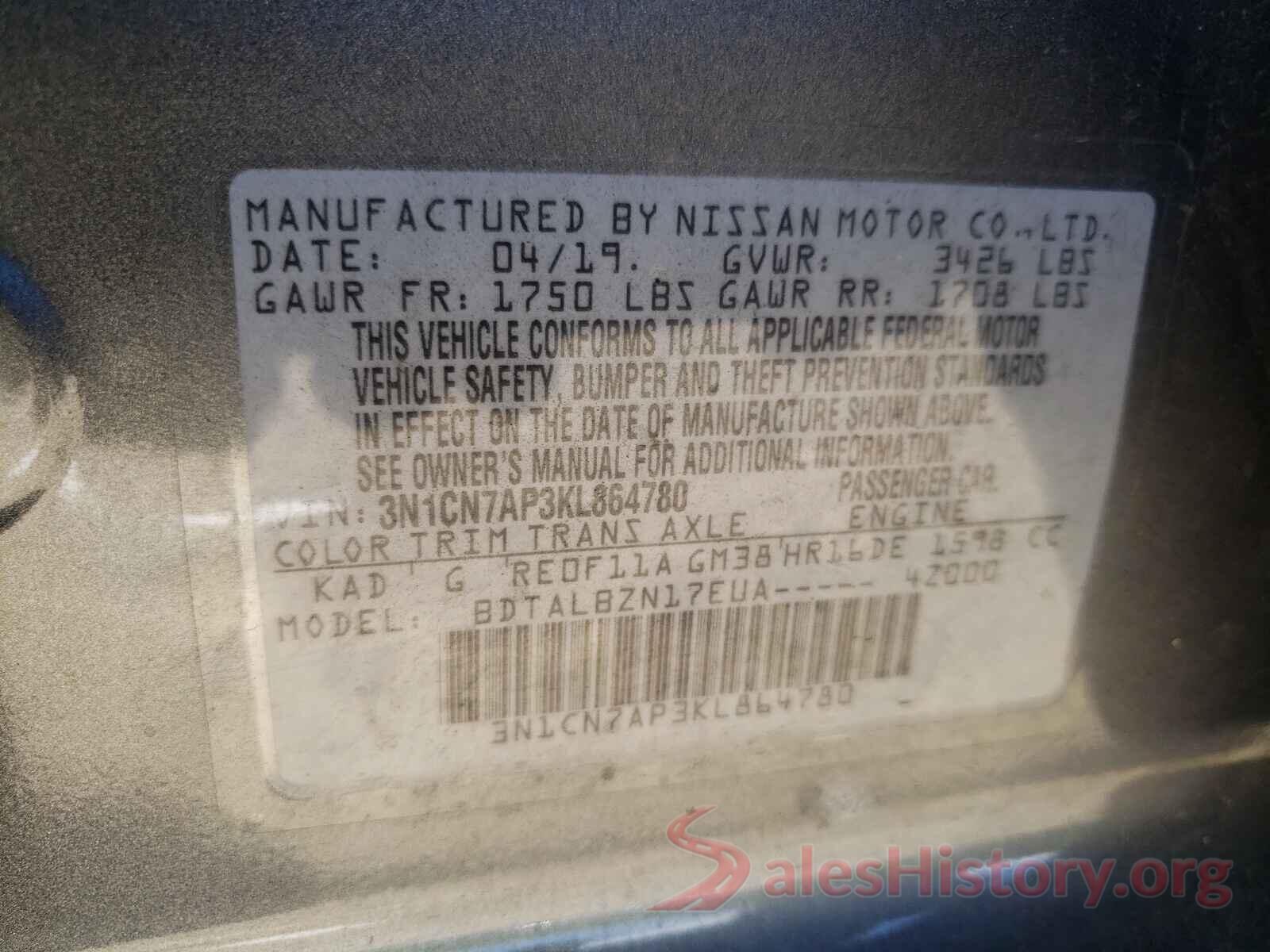 3N1CN7AP3KL864780 2019 NISSAN VERSA