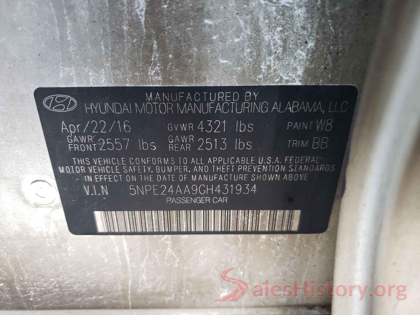 5NPE24AA9GH431934 2016 HYUNDAI SONATA