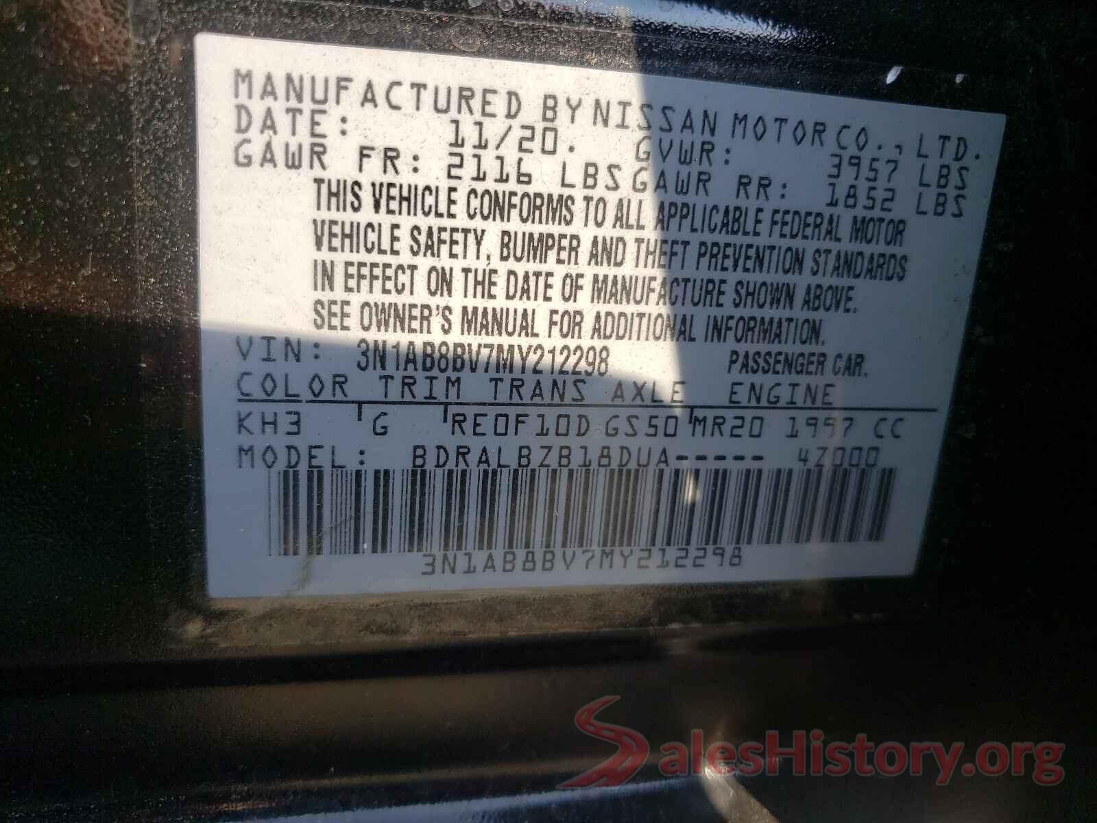 3N1AB8BV7MY212298 2021 NISSAN SENTRA