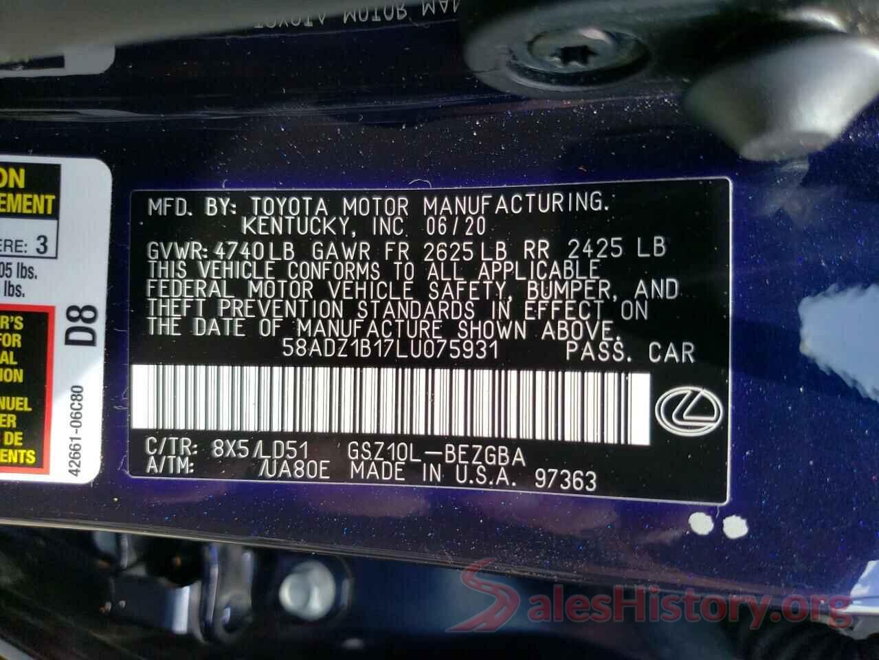 58ADZ1B17LU075931 2020 LEXUS ES350