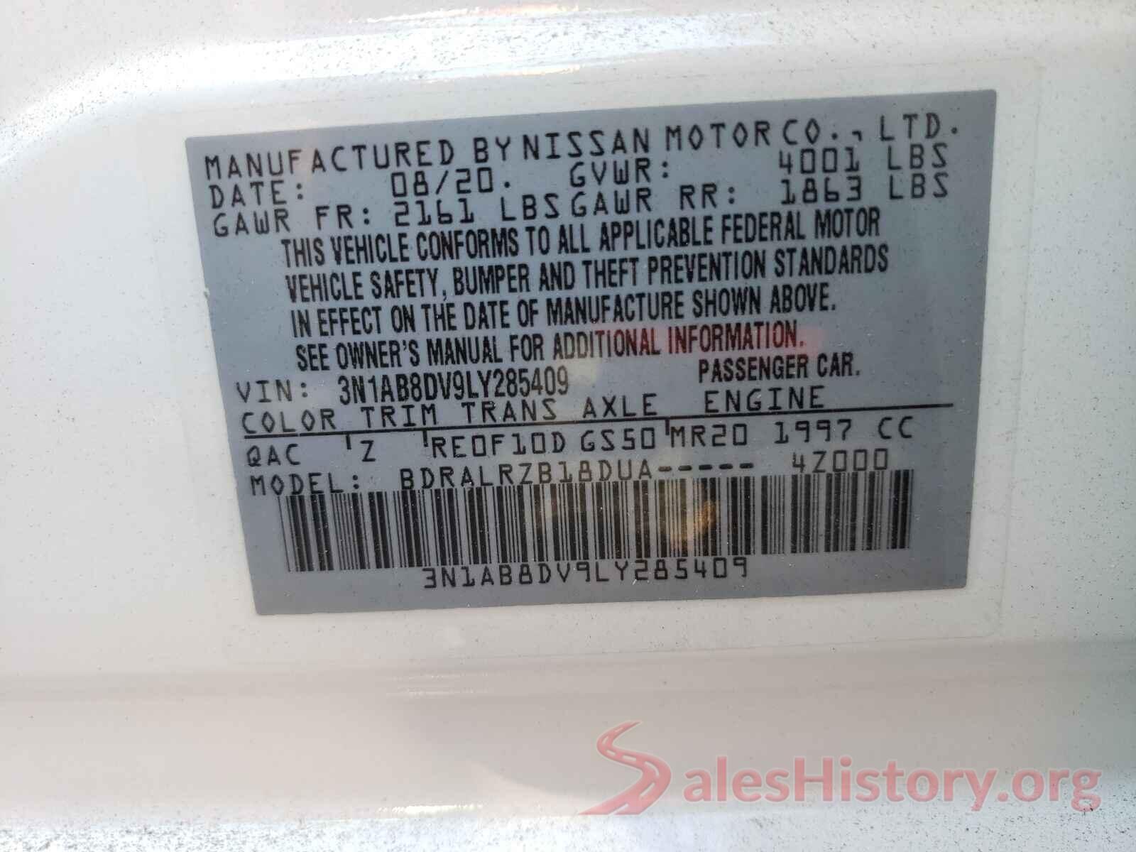 3N1AB8DV9LY285409 2020 NISSAN SENTRA