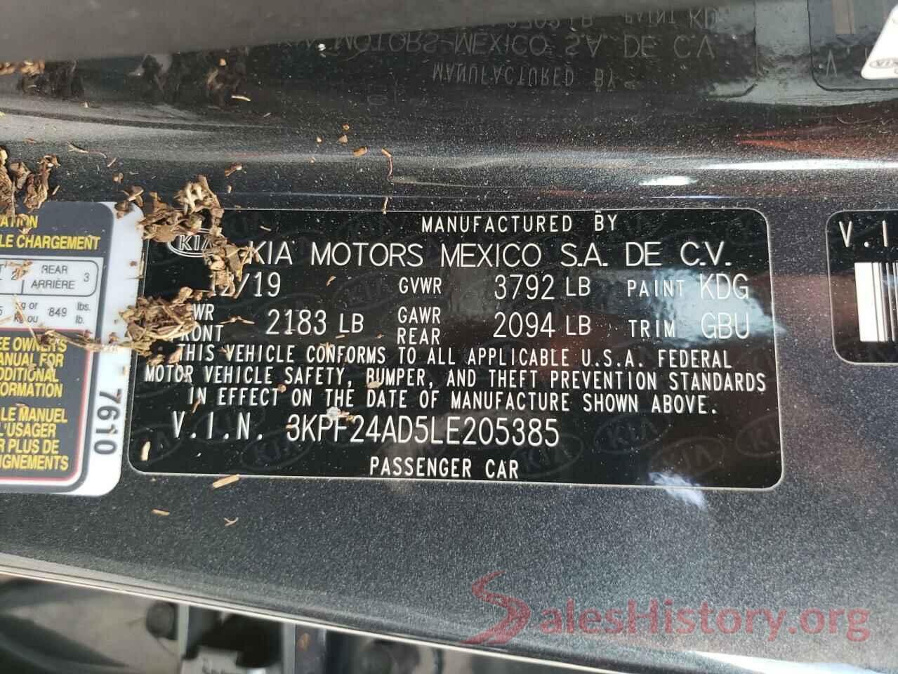 3KPF24AD5LE205385 2020 KIA FORTE