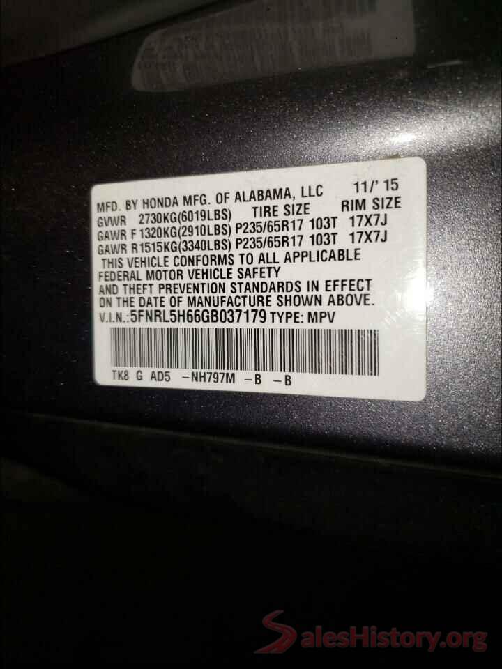 5FNRL5H66GB037179 2016 HONDA ODYSSEY