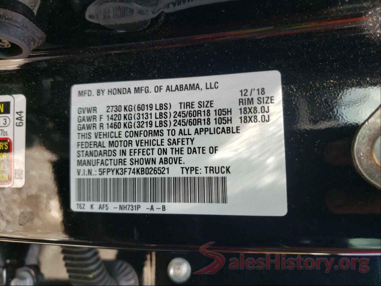 5FPYK3F74KB026521 2019 HONDA RIDGELINE