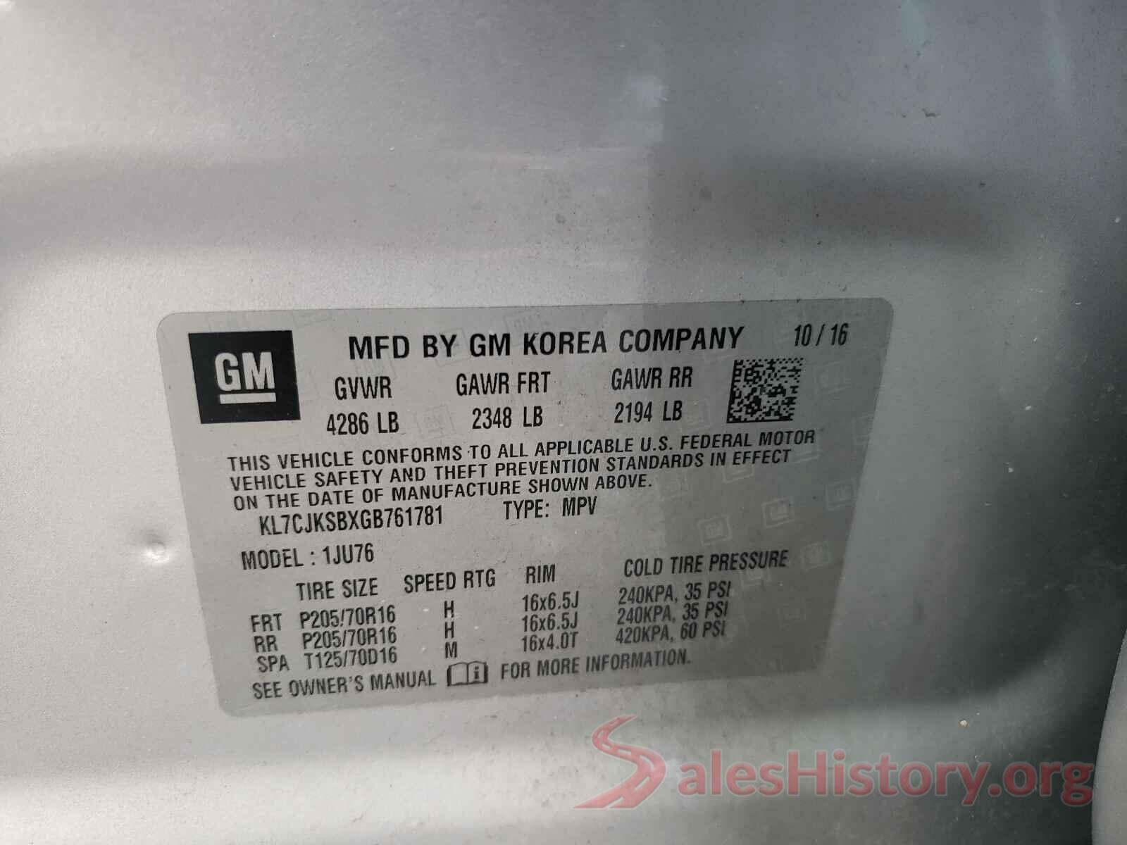 KL7CJKSBXGB761781 2016 CHEVROLET TRAX