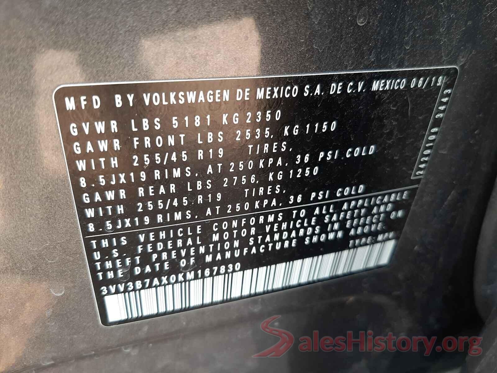 3VV3B7AX0KM167830 2019 VOLKSWAGEN TIGUAN