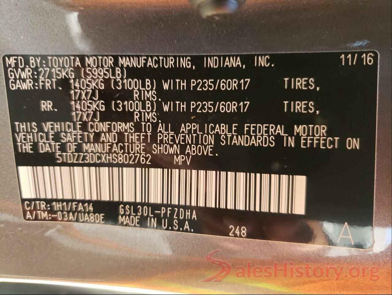 5TDZZ3DCXHS802762 2017 TOYOTA SIENNA